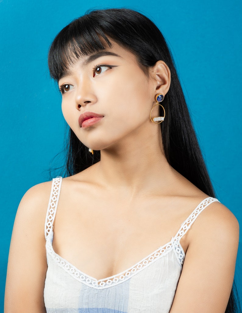 Hoop Earrings Dainty Hoops Modern Jewellery 18KGold Plated Hoops.Party Jewl Blue Topaz Hydro Hoops Pushback Hoops Moonstone Blue Hoops