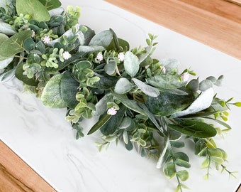 Guirnalda de eucalipto y oreja de cordero, centro de mesa, decoración rústica para chimenea, decoración floral para bodas, varias opciones de longitud.