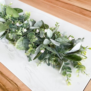 Garland for Mantel, Fireplace Decor, Greenery Centerpiece for Table, Kitchen Island Long Garland, Lambs Ear, Eucalyptus, Flower Buds