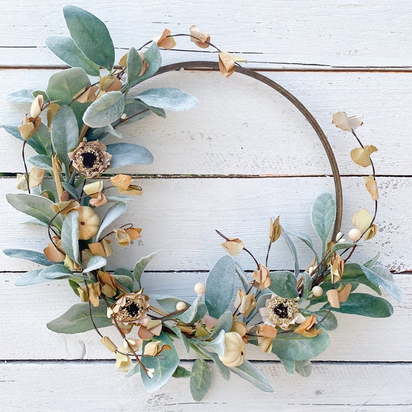 Fall Hoop Wreath: Neutral Farmhouse Decor with Lambs Ear