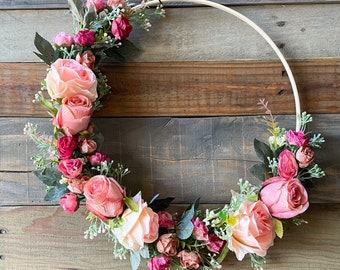 Spring Wreath, Vintage Pink Roses & Baby's Breath, Wedding Wall Decor, Valentine's Day Door Hanger, Window Wreath, Girl's Wall Decor