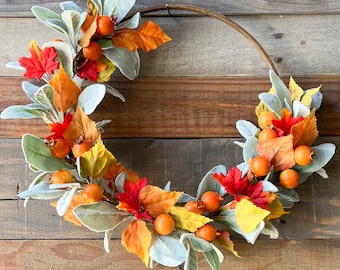 Autumn Berry Lambs Ear Hoop Wreath: Fall Front Door Decor, Multiple Size Options