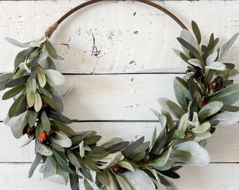Olive Branch Wreath for Front Door, Lambs Ear Greenery, Multiple Sizes Available