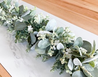 Garland for Mantel, Fireplace Decor, Greenery Centerpiece for Table, Kitchen Island Long Garland, Lambs Ear, Eucalyptus, Flower Buds