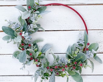 Red Holly Berry Christmas Wreath: Lambs Ear Eucalyptus Holiday Decor