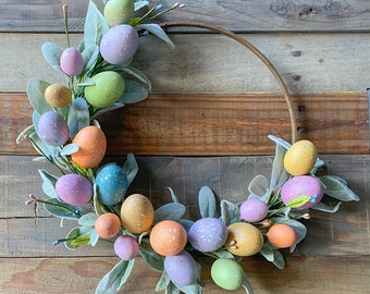Easter Wreath, Speckled Egg Door Decor, Colorful Eggs on Lambs Ear, Minimalist Easter Home, Wall Wreath, Indoor Outdoor
