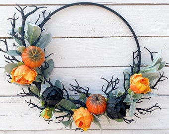 Halloween Wreath, Black Tree Branches, Modern Black Orange Decor, Front Door Decor, Pumpkins Peonies, Farmhouse Style Wreath