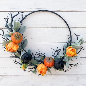 Halloween Wreath, Black Tree Branches, Modern Black Orange Decor, Front Door Decor, Pumpkins Peonies, Farmhouse Style Wreath