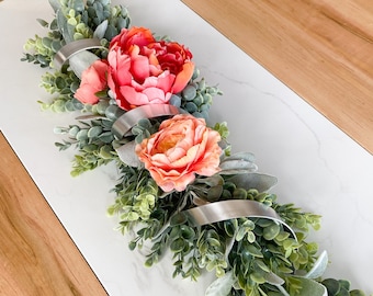 Floral Centerpiece, Coffee Table Decor, Mantel Garland, Peonies on Lambs Ear Eucalyptus, Dining Tableware, Everyday Home Decor