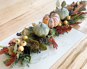 Table Centerpiece, Fall Garland Mantel, Autumn Pumpkins Berries, Fall Leaves, Greenery Coffee Table Decor, Farmhouse Style