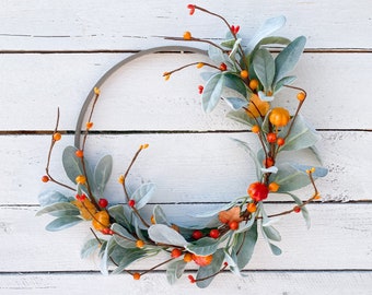 Fall Wreath, Front Door Decor, Autumn Berry Lambs Ear Hoop Wreath, Pantry Door Decor, Everyday Fall Home, Farmhouse Wall Decor, Updated