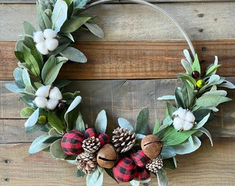 Winter Wreath, Front Door Decor, Red Black Checkered, Buffalo Plaid Decor, White Red Black, Christmas Wreath, Minimalist Hoop, Olive Branch