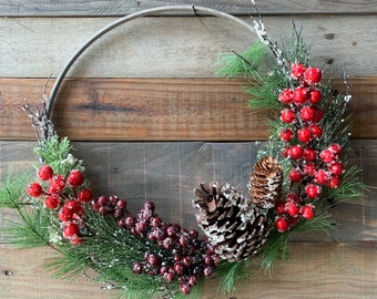 Christmas Wreath, Red Holly Berry, Front Door Decor, Holiday Home Window Wreath, Evergreen Pinecone Greenery, Glitter Sparkle Snow