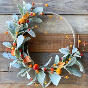 Fall Wreath, Front Door Decor, Autumn Berry Lambs Ear Hoop Wreath, Pumpkin Pantry Door Decor, Everyday Fall Home, Farmhouse Wall, Minimalist