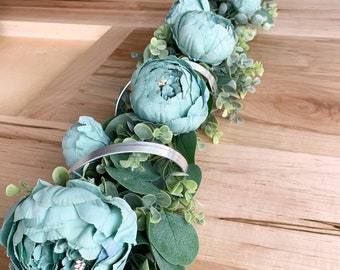 Table Centerpiece for Dining Table, Mantel Garland, Floral Wedding Centerpiece, Turquoise Peonies and Eucalyptus, Housewarming Gift