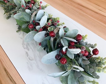Christmas Table Centerpiece, Red Holly Berries, Eucalyptus Lambs Ear Greenery