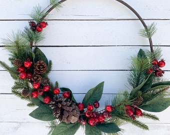 Christmas Wreath, Large Front Door Decor, Red Holly Berries, Evergreen Wreath, Pinecones Pine Needles, Modern Farmhouse, Holiday Home Decor