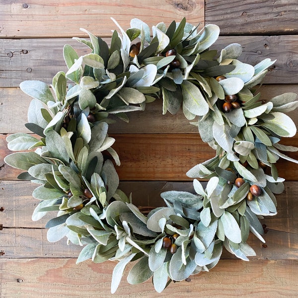 Olive Wreath, Lambs Ear Greenery, Front Door Decor, Farmhouse Wreath, Everyday Wreath, Olive Branch Mini Wreath, Candle Holder