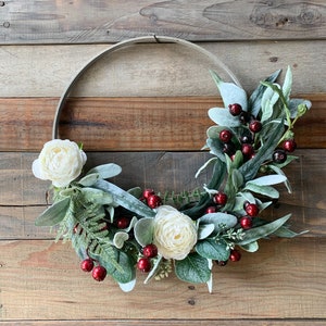 Christmas Wreath, Winter Wreath, Red Holly Berries, Window Wreath, Front Door Decor, Farmhouse Holiday Indoor Wall Wreath, White Flowers image 1