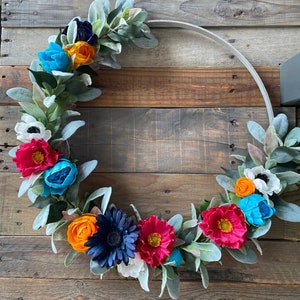 Large Summer Wreath, Front Door Decor, Colorful Hoop Wreath, Lambs Ear Peonies Poppies, Farmhouse Wall Decor image 1
