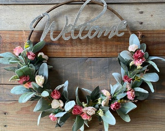 Welcome Wreath, Lambs Ear Hoop Wreath, Rose Door Decor, Metal Welcome Sign, Front Door Wreath Farmhouse, Kitchen Door Hanger Pantry