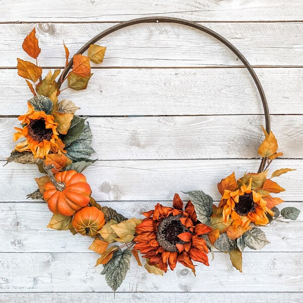 Large Fall Wreath, Autumn Front Door Decor, Sunflowers Pumpkins, Orange Yellow Fall Leaves, 18 Inch Wood Hoop, Fireplace Mantel