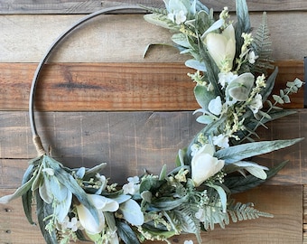 Magnolia Lambs Ear Hoop Wreath: Modern Minimalist Decor