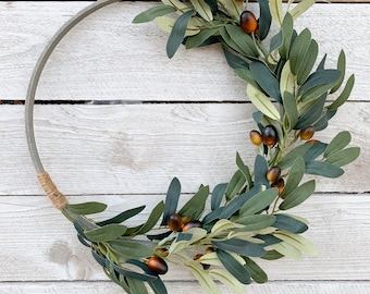 Olive Branch Wreath, Greenery Wreath, Small Wreath, Wooden Hoop, Everyday Wall Decor, Door Wreath, Gifts Under 50, Farmhouse Home