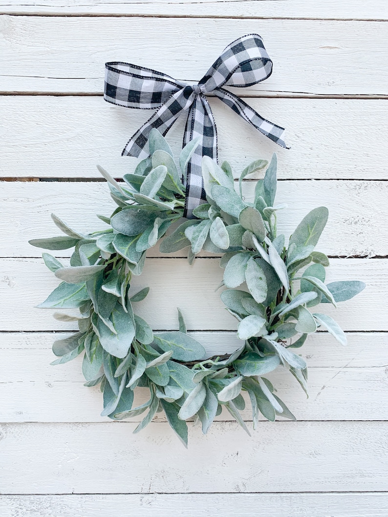 Small Wreath Lambs Ear Custom Ribbon Color Grapevine Etsy