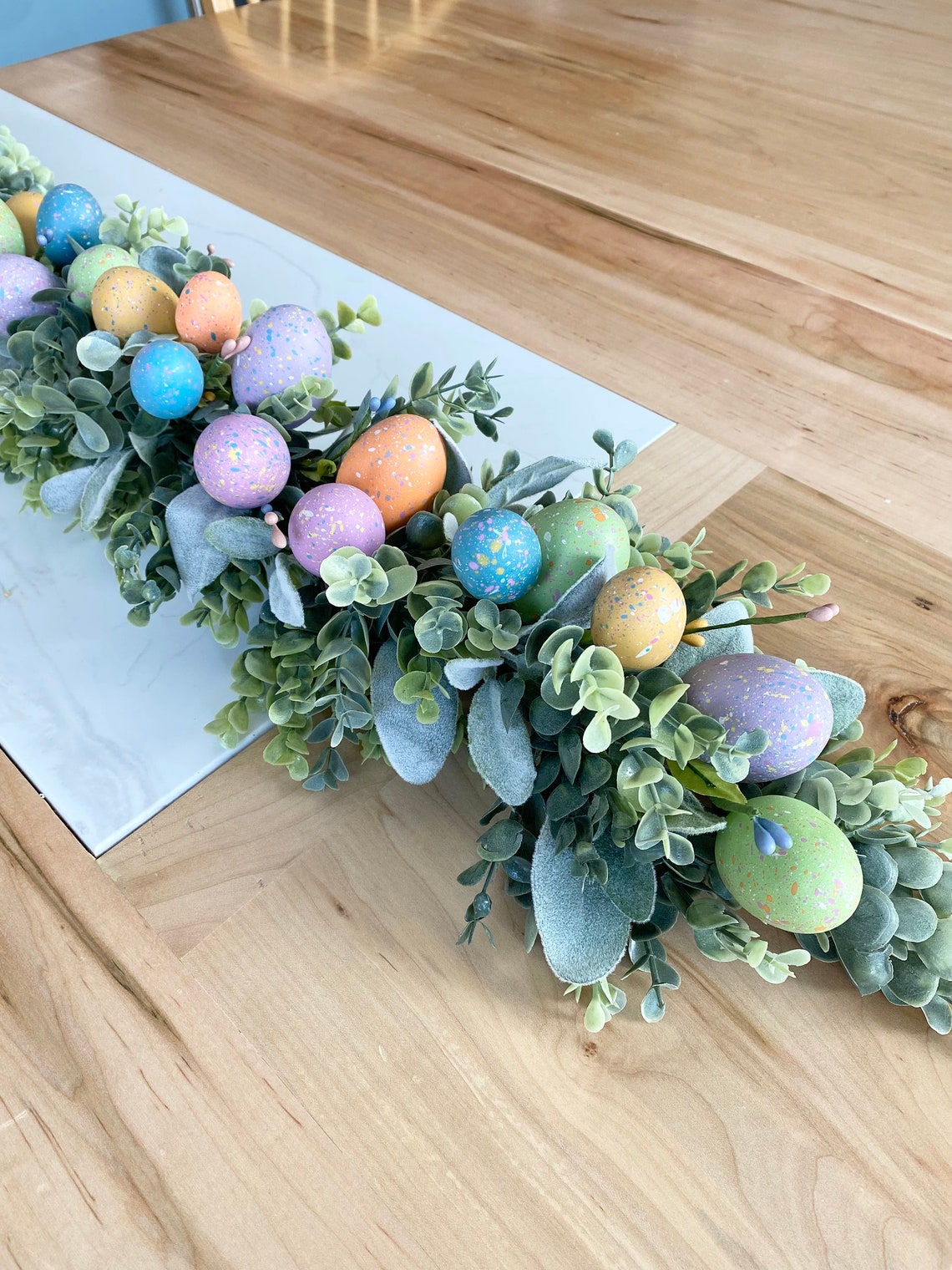 Easter Table Centerpiece, Pastel Eggs Display, Long Coffee Table, Easter Home Decor, Kitchen Counter Lambs Ear Floral image 1