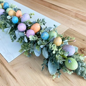 Easter Table Centerpiece, Pastel Eggs Display, Long Coffee Table, Easter Home Decor, Kitchen Counter Lambs Ear Floral