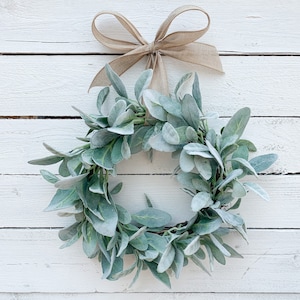 Lambs Ear Wreath: Small Grapevine Wreath with Custom Ribbon