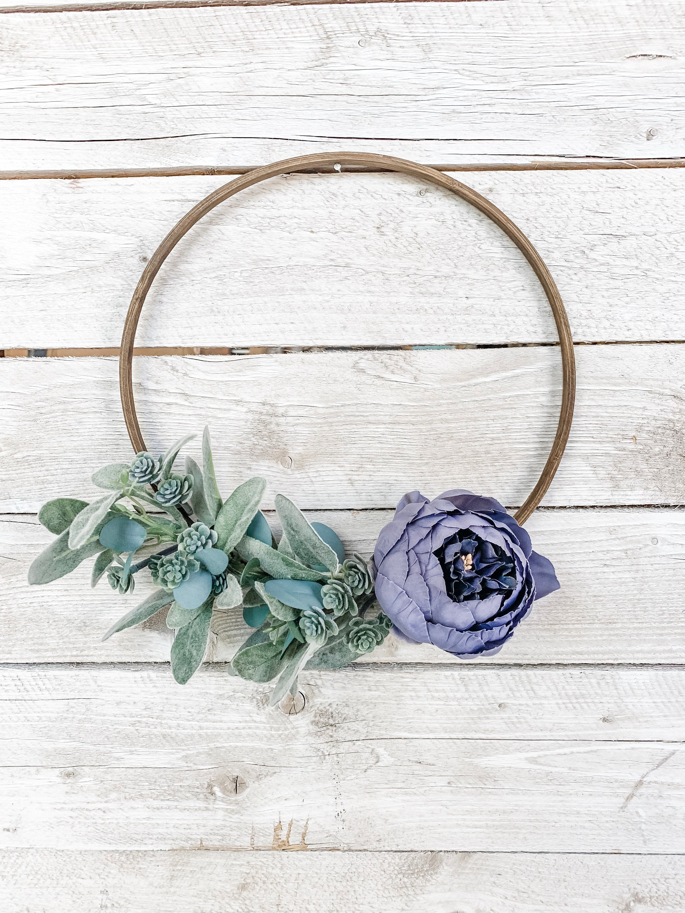 Couronne de Cerceau, Succulent Lambs Ear Blue Indigo Peony, 10 Inch Wood Hoop, Minimalist Home Decor