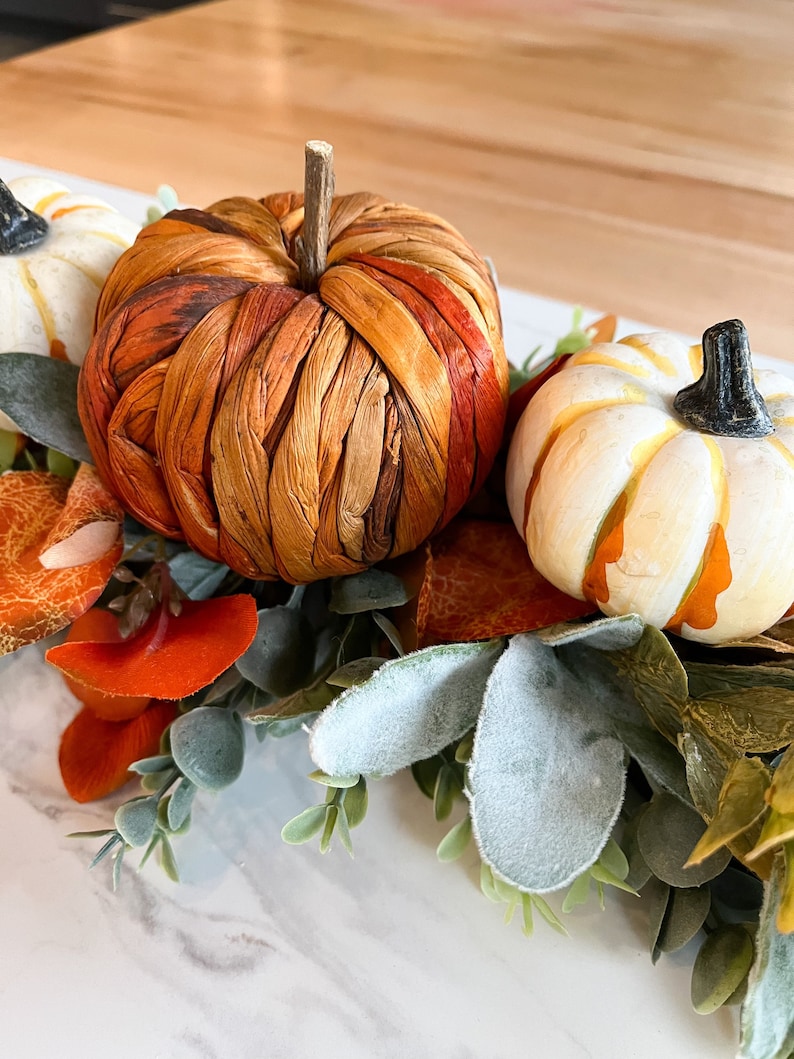 Coffee Table Decor, Fall Dine Table Centerpiece, Autumn Pumpkin Home Decor, Mantel Display, Fall Farmhouse Living Room, Orange White Garland image 2