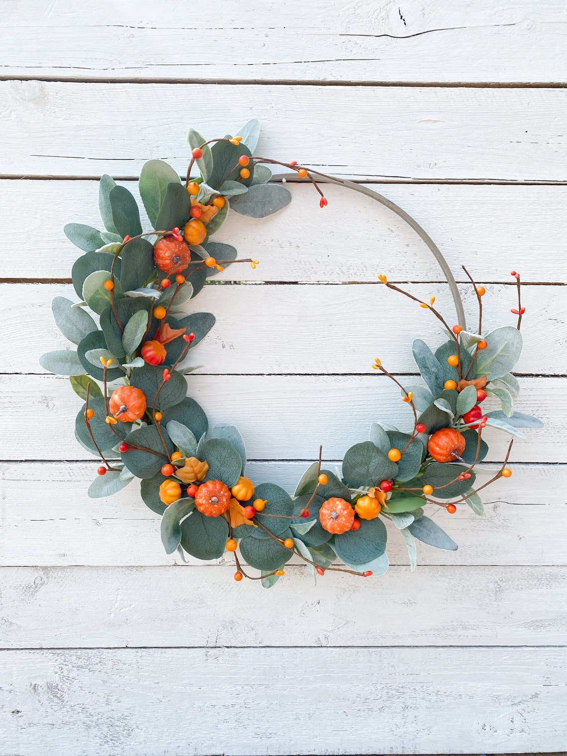 Autumn Wreath Fall Door Decor Pumpkin Wreath Lambs Ear Grey