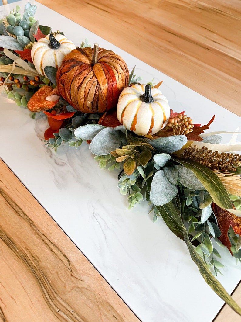 Coffee Table Decor, Fall Dine Table Centerpiece, Autumn Pumpkin Home Decor, Mantel Display, Fall Farmhouse Living Room, Orange White Garland White