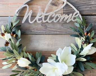 Welcome Wreath, Front Door Decor, Olive Branch Wreath, Magnolia Flower Hoop, Modern Farmhouse, Kitchen Pantry Door Hanger