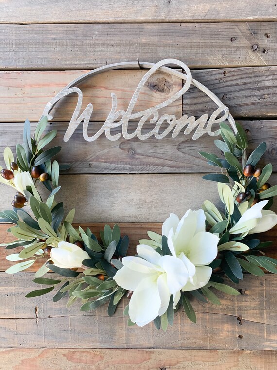 Olive Branch Magnolia Welcome Wreath: Modern Farmhouse Door Decor