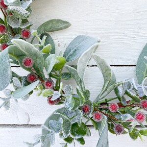 May include: A frosted eucalyptus wreath with red berries. The wreath is made of artificial greenery and is perfect for adding a touch of winter to your home decor.