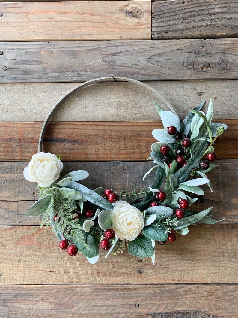 Christmas Wreath, Winter Wreath, Red Holly Berries, Window Wreath, Front Door Decor, Farmhouse Holiday Indoor Wall Wreath, White Flowers image 1