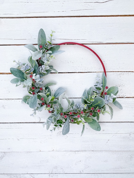 Red Holly Berry Christmas Wreath: Lambs Ear Eucalyptus Holiday Decor