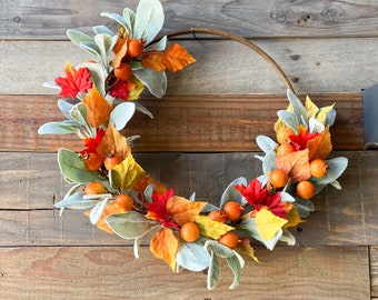 Fall Wreath, Front Door Decor, Autumn Berry Lambs Ear Hoop Wreath, Pantry Door Decor, Everyday Fall Home, Farmhouse Wall Decor