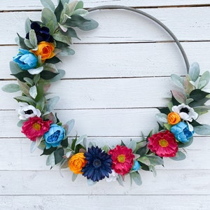 Large Summer Wreath, Front Door Decor, Colorful Hoop Wreath, Lambs Ear Peonies Poppies, Farmhouse Wall Decor image 5