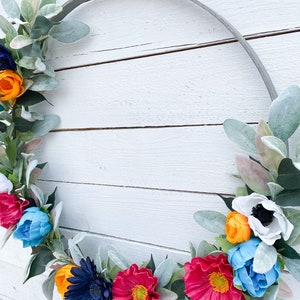 Large Summer Wreath, Front Door Decor, Colorful Hoop Wreath, Lambs Ear Peonies Poppies, Farmhouse Wall Decor image 3