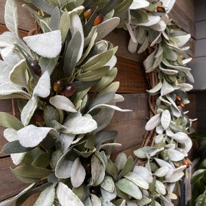 May include: A green and white wreath made of faux lamb's ear leaves with brown berries. The wreath is hanging on a wooden wall.