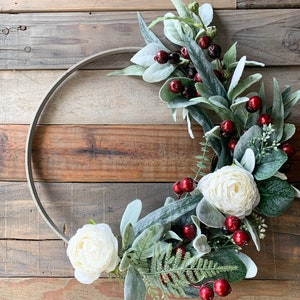 Christmas Wreath, Winter Wreath, Red Holly Berries, Window Wreath, Front Door Decor, Farmhouse Holiday Indoor Wall Wreath, White Flowers image 4