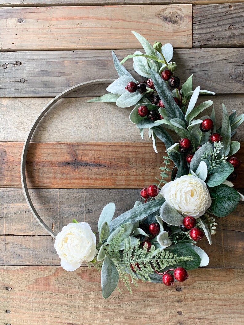 Christmas Wreath, Winter Wreath, Red Holly Berries, Window Wreath, Front Door Decor, Farmhouse Holiday Indoor Wall Wreath, White Flowers image 4