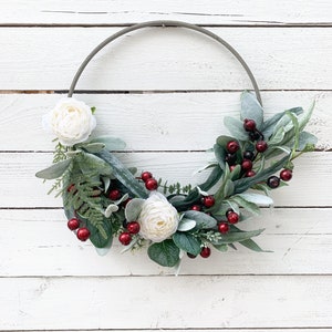 Christmas Wreath, Winter Wreath, Red Holly Berries, Window Wreath, Front Door Decor, Farmhouse Holiday Indoor Wall Wreath, White Flowers image 5