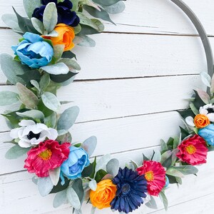 Large Summer Wreath, Front Door Decor, Colorful Hoop Wreath, Lambs Ear Peonies Poppies, Farmhouse Wall Decor image 4