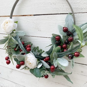 Christmas Wreath, Winter Wreath, Red Holly Berries, Window Wreath, Front Door Decor, Farmhouse Holiday Indoor Wall Wreath, White Flowers image 3